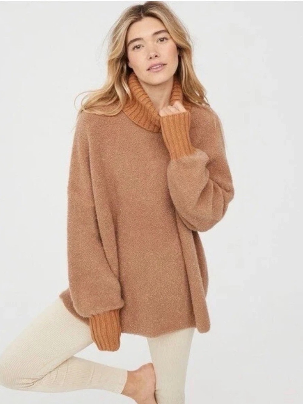 Offline by Aerie Turtleneck Sweater - Soft Textured Knit oversized small brown